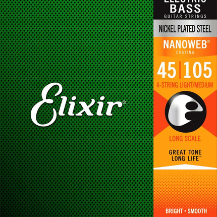 Elixir 14077 Nanoweb Medium Long Scale 4-String Electric Bass Strings (45-105)