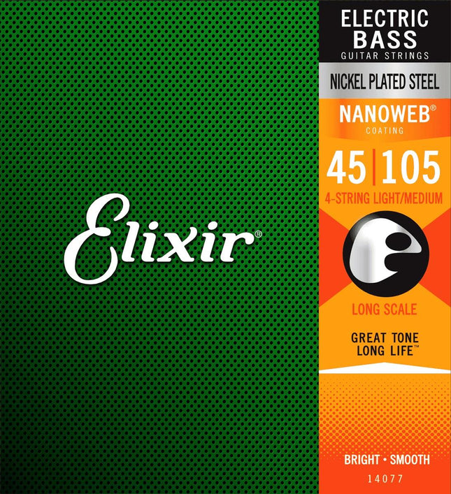 Elixir 14077 Nanoweb Medium Long Scale 4-String Electric Bass Strings (45-105)