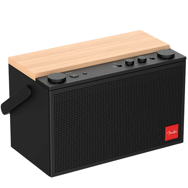 Portable Bluetooth speaker with wood top, black grille, side handle, Fender