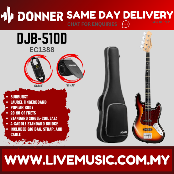 Donner DJB-510D Electric Bass Guitar W/bag, Strap and Cable, Sunburst ( DJB 510D / DJB510D )