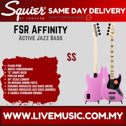 Squier FSR Affinity Series Active Jazz Bass Guitar, Maple FB, Flash Pink