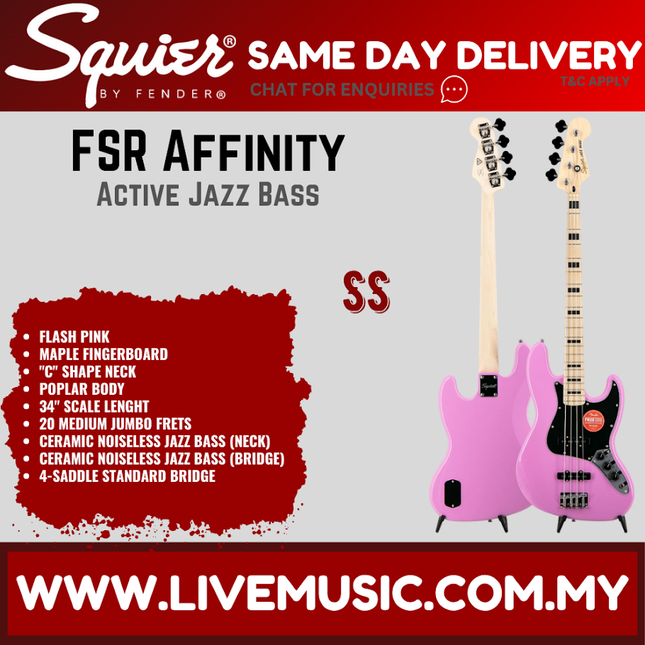 Squier FSR Affinity Series Active Jazz Bass Guitar, Maple FB, Flash Pink