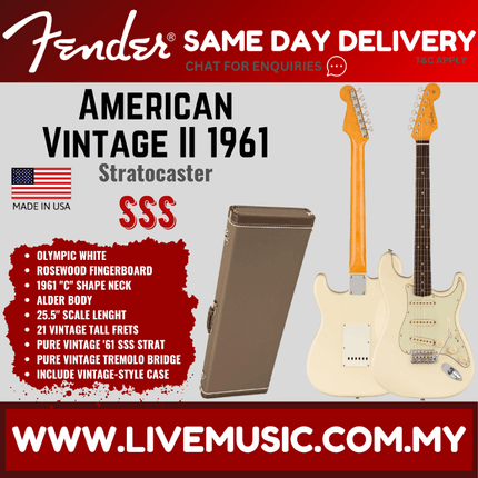 Fender American Vintage II 61 Stratocaster Electric Guitar, RW FB, Olympic White