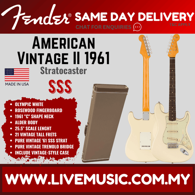 Fender American Vintage II 61 Stratocaster Electric Guitar, RW FB, Olympic White