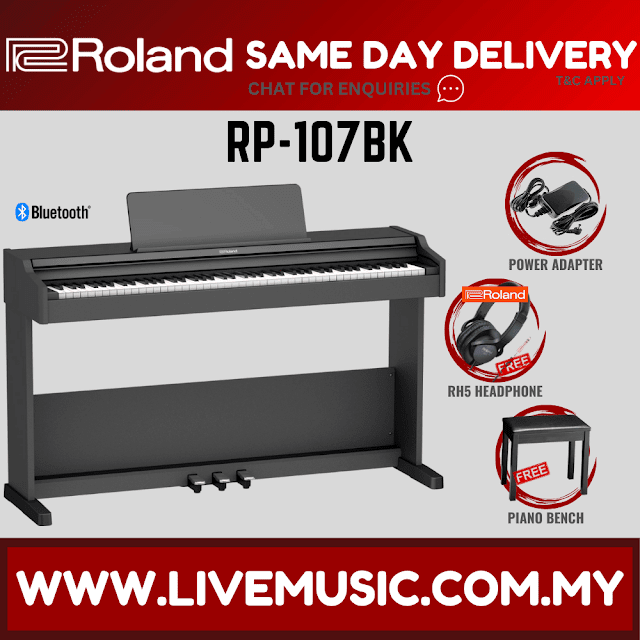 Black digital piano with keyboard, stand, and included RH-5 headphone and piano bench