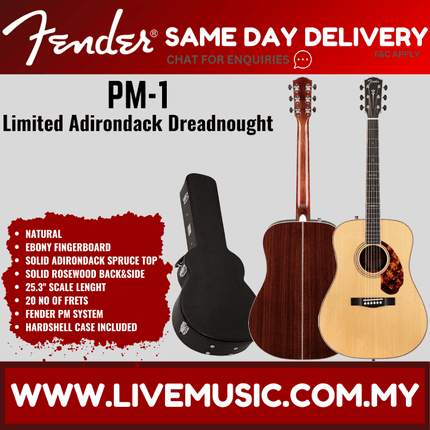 Fender PM-1 Limited Adirondack Dreadnought Acoustic Guitar w/Case, Ebony FB - Natural