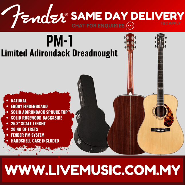 Fender PM-1 Limited Adirondack Dreadnought Acoustic Guitar w/Case, Ebony FB - Natural