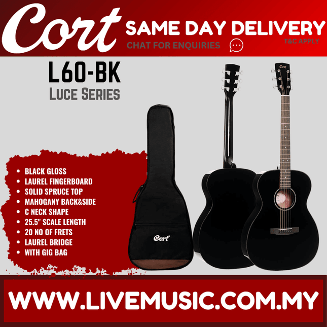 Cort L60 Acoustic Guitar w/ Gig Bag, Laurel Fingerboard - Black
