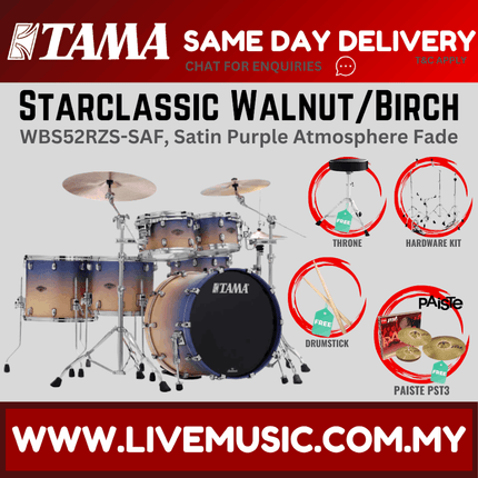Starclassic Walnut/Birch drum kit illustration with purple satin fade and included cymbals