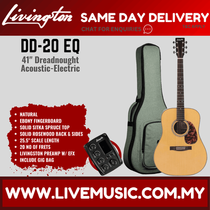 Livingston DD-20 EQ 41" Full Solid Dreadnought Acoustic-Electric Guitar, Ebony FB - Natural ( DD20 DD 20 )