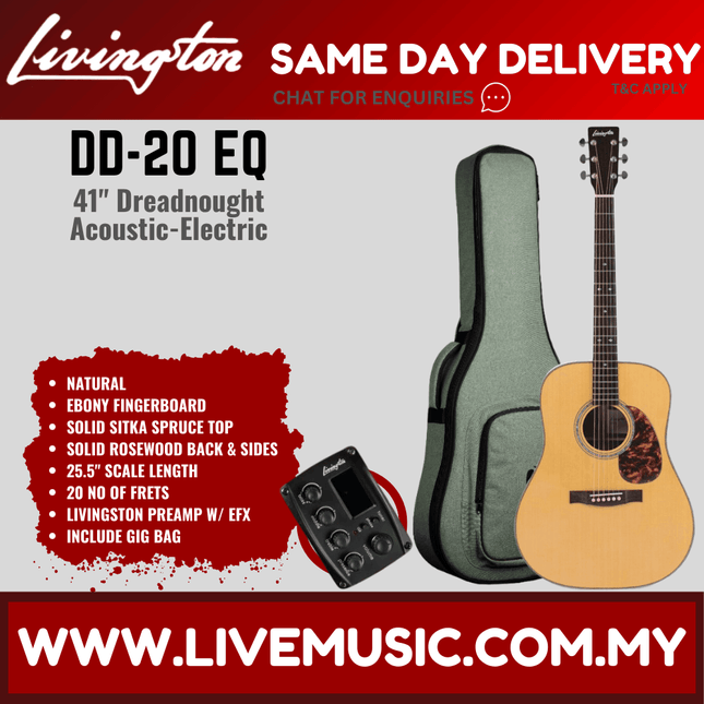 Livingston DD-20 EQ 41" Full Solid Dreadnought Acoustic-Electric Guitar, Ebony FB - Natural ( DD20 DD 20 )