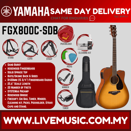Yamaha FGX800C 41'' Dreadnought Solid Spruce Acoustic Electric Guitar With Pickup - Sand Burst (FGX800) (Copy)