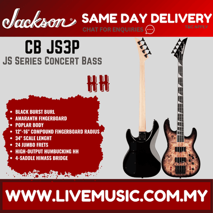 Jackson JS Series Concert Bass CB JS3P Bass Guitar, Amaranth FB - Black Burst Burl