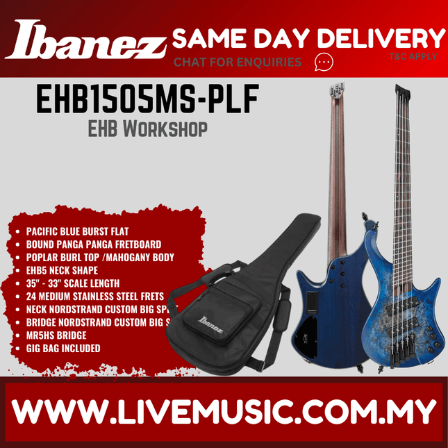 Ibanez Bass Workshop EHB1505MS-PLF Electric Bass Guitar w/Gig Bag, Pacific Blue Burst Flat ( EHB1505MS PLF / EHB1505MSPLF )