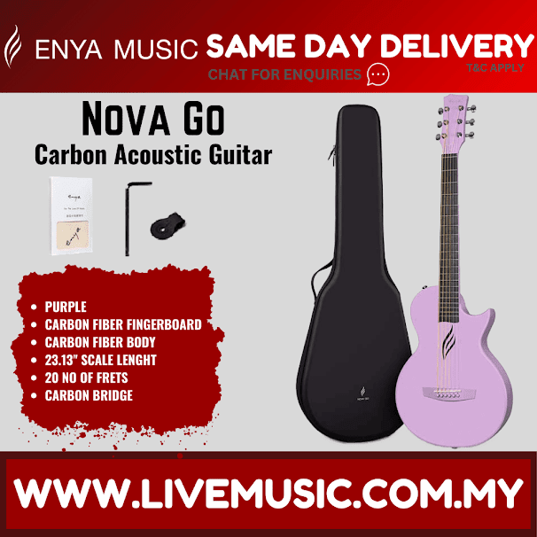 Purple acoustic guitar with matching black gig bag, 35-inch carbon build