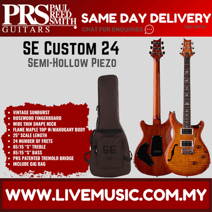 PRS SE Custom 24 Semi-Hollow Piezo w/GigBag, Rosewood FB, Vintage Sunburst
