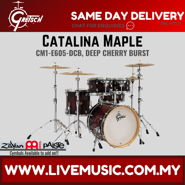 Deep cherry burst 5-piece drum shell kit with bass drum, toms, and cymbals
