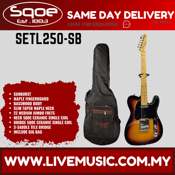 SQOE SETL250 Telecaster Electric Guitar w/Gig Bag, Maple FB - Sunburst ( SETL-250 / SETL 250 )