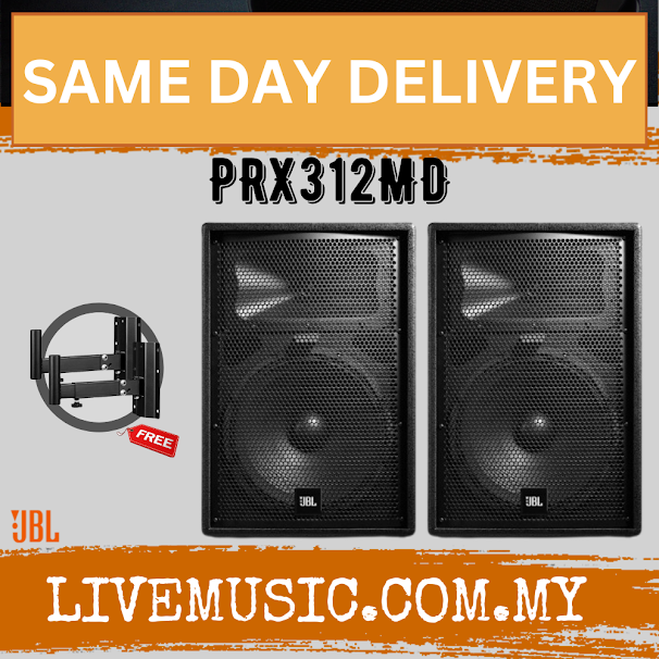 Pair of black 12-inch passive 2-way loudspeakers with stand bracket shown