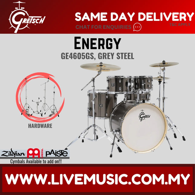 Gretsch Energy 5-piece drum set in grey steel with hardware and cymbals