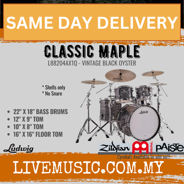 Ludwig L88204AX1Q Classic Maple 4-Piece Drum Kit (22B+16F+12T+10T), Vintage Black Oyster