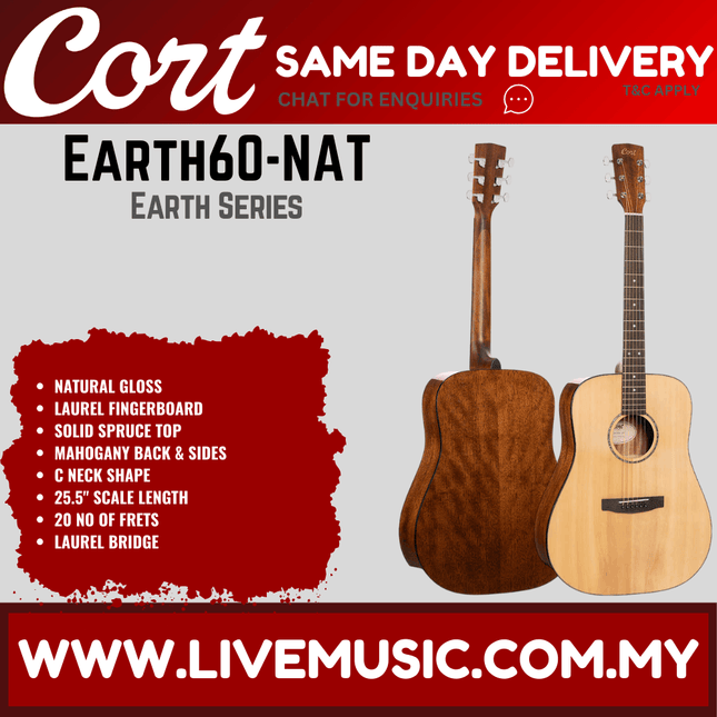 Cort Earth-60 Acoustic Guitar with Bag - Open Pore Natural ( Earth60 / Earth 60)