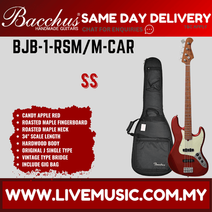 Bacchus BJB-1 RSM/M 4-String Electric Bass, Roasted Maple Fretboard - Candy Apple Red (BJB-1-RSM/BJB1)