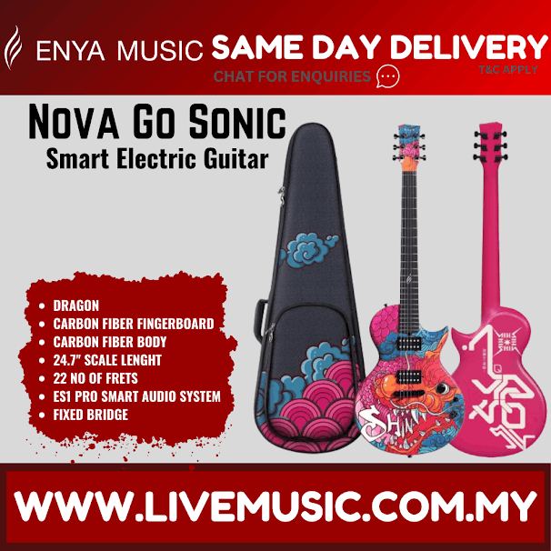 Electric guitar with gig bag, colorful dragon graphic and pink body