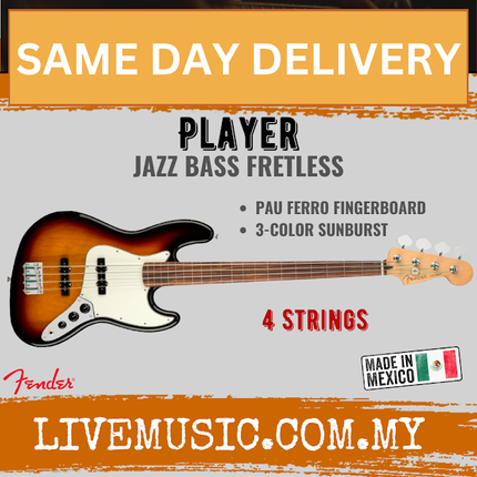 Fender Player Fretless Jazz Bass Guitar, Pau Ferro FB, 3-Tone Sunburst