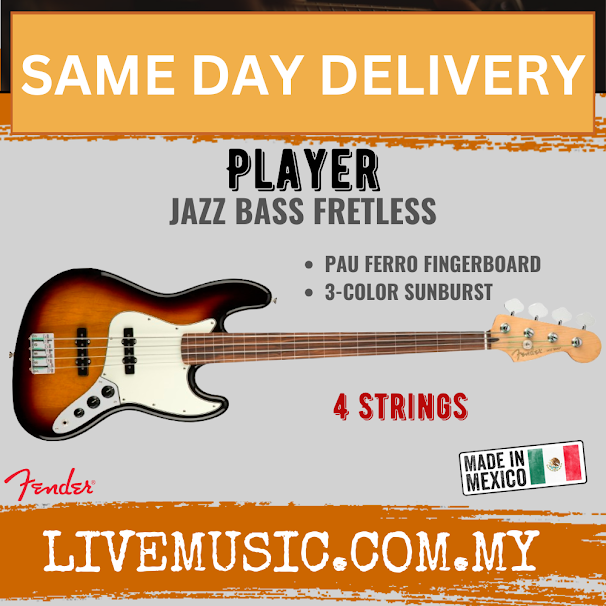 Fretless jazz bass guitar with 3-tone sunburst body and white pickguard