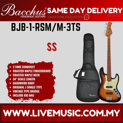 Bacchus BJB-1 RSM/M 4-String Electric Bass, Roasted Maple Fretboard - 3 Tone Sunburst (BJB-1-RSM/BJB1) (Copy)