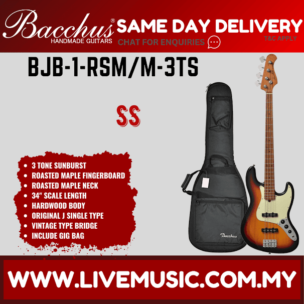 Bacchus BJB-1 RSM/M 4-String Electric Bass, Roasted Maple Fretboard - 3 Tone Sunburst (BJB-1-RSM/BJB1) (Copy)