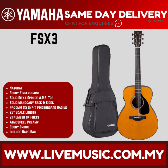 Natural Yamaha acoustic-electric guitar with hard bag, full front view