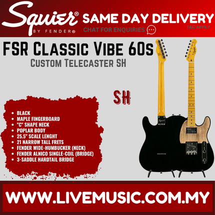 Squier FSR Classic Vibe 60s Custom Telecaster SH Wide Range Electric Guitar, Maple FB, Black
