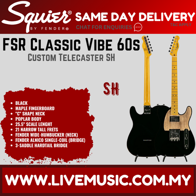 Squier FSR Classic Vibe 60s Custom Telecaster SH Wide Range Electric Guitar, Maple FB, Black
