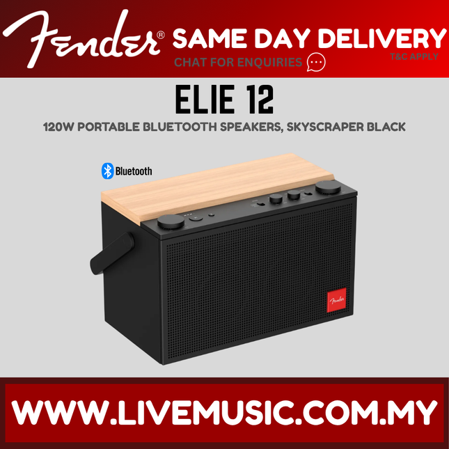Portable Bluetooth speaker with wood top and black grille, control knobs, Fender