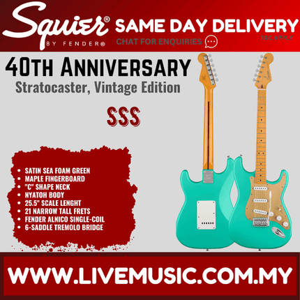 Squier 40th Anniversary Stratocaster Vintage Edition Electric Guitar, Maple FB, Satin Seafoam Green