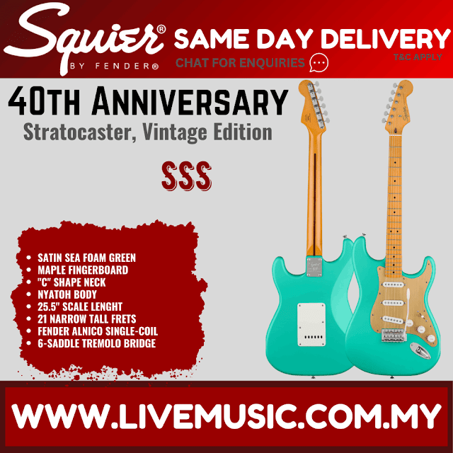 Squier 40th Anniversary Stratocaster Vintage Edition Electric Guitar, Maple FB, Satin Seafoam Green