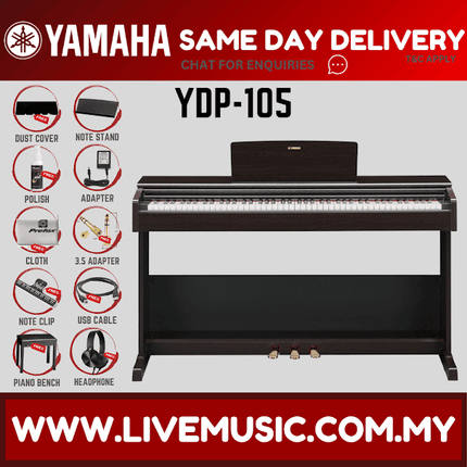 YDP-105 digital piano with dark wood finish, dust cover and headphone icons