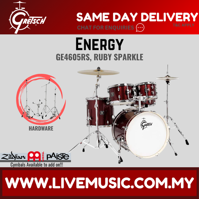 Gretsch Energy 5-piece drum set in ruby sparkle with chrome hardware and cymbals