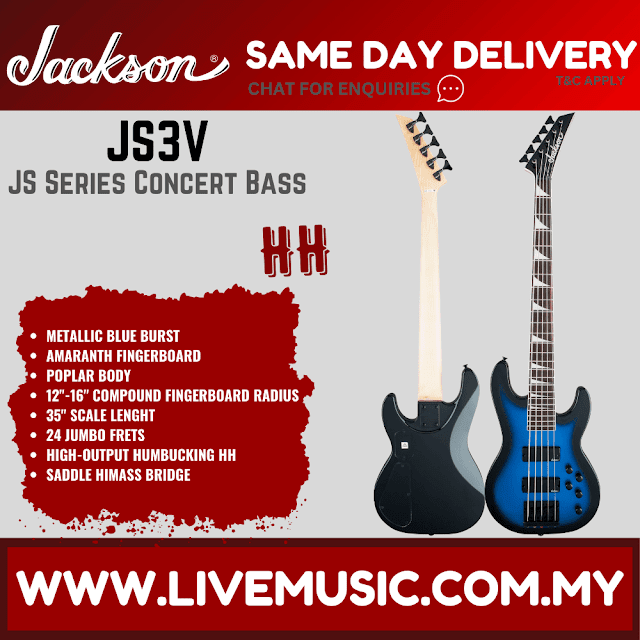 Jackson JS Series Concert Bass JS3V Guitar, Amaranth FB, Metallic Blue Burst