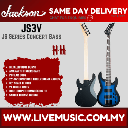 Jackson JS Series Concert Bass JS3V Guitar, Amaranth FB, Metallic Blue Burst
