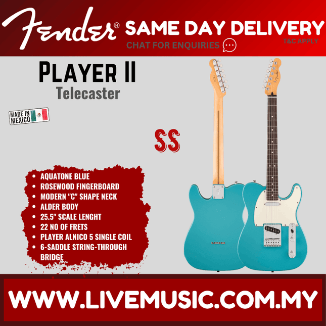 Fender Player II Telecaster Electric Guitar, RW FB, Polar White / Aquatone Blue / Birch Green