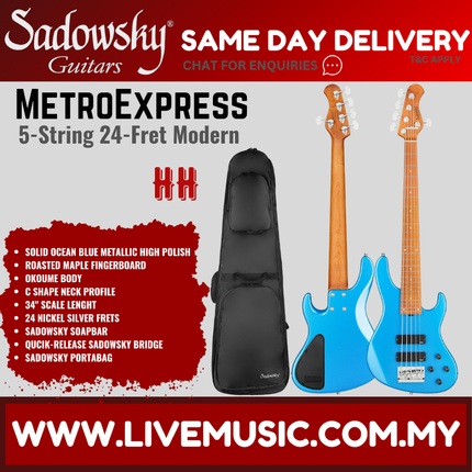 Sadowsky MetroExpress 24-Fret Modern 5-String Bass, Maple FB, Solid Ocean Blue Metallic High Polish