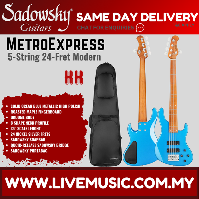 Sadowsky MetroExpress 24-Fret Modern 5-String Bass, Maple FB, Solid Ocean Blue Metallic High Polish