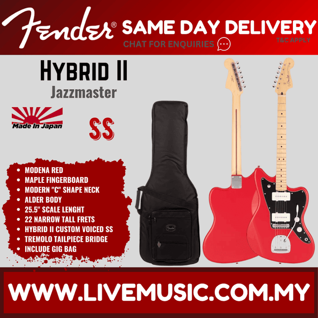 Fender Japan Hybrid II Jazzmaster Electric Guitar, Maple Fretboard with Gig Bag - Modena Red