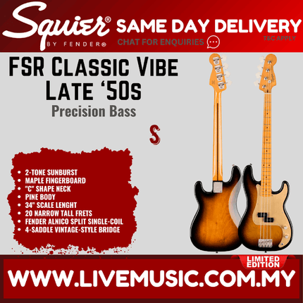 Squier FSR Classic Vibe Late 50s Precision Bass Guitar, Maple FB, 2-Tone Sunburst