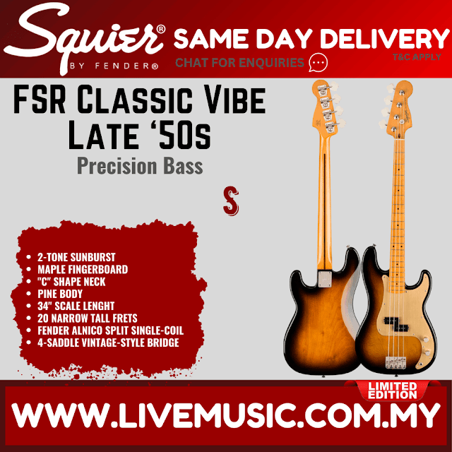 Squier FSR Classic Vibe Late 50s Precision Bass Guitar, Maple FB, 2-Tone Sunburst