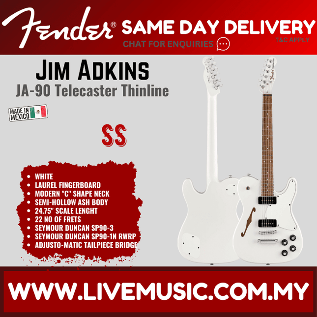 Fender Jim Adkins JA-90 Telecaster Thinline Electric Guitar, Maple FB, Laurel White