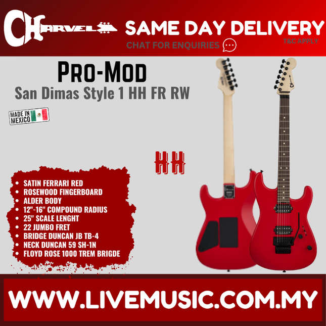 Charvel Pro Mod Plus San Dimas SD1 SRS HH FR Electric Guitar, RW FB, Satin Ferrari Red